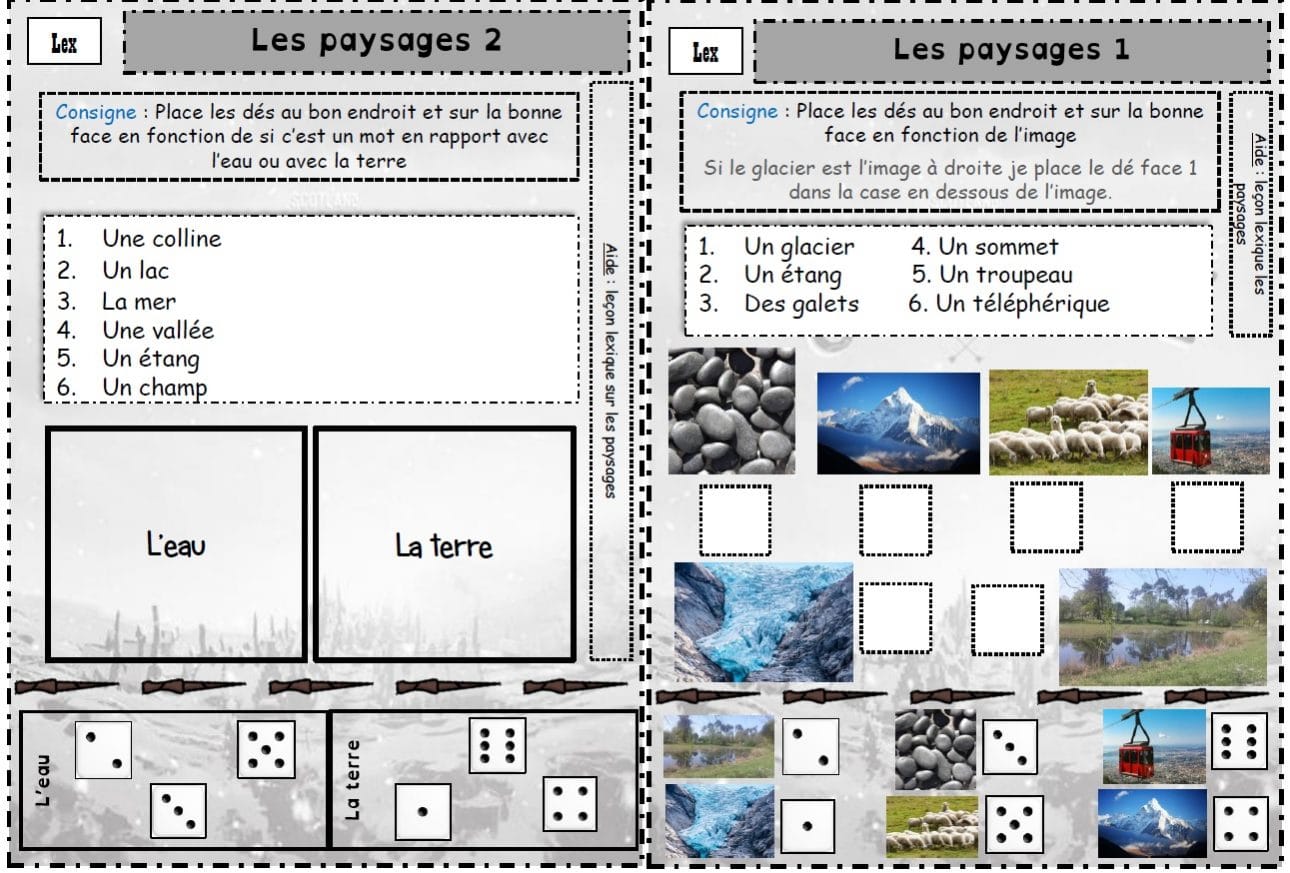 Jeu de dés : les paysages - Etude de la Langue CE1, CE2 - La Salle des