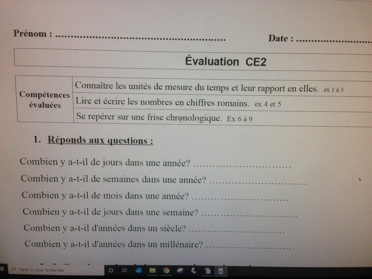 Evaluation le calendrier, la frise chronologique, compter le temps CE2