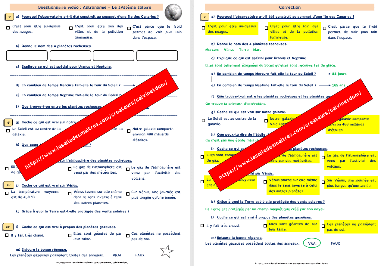 évaluation Système Solaire Cm2 Avec Correction