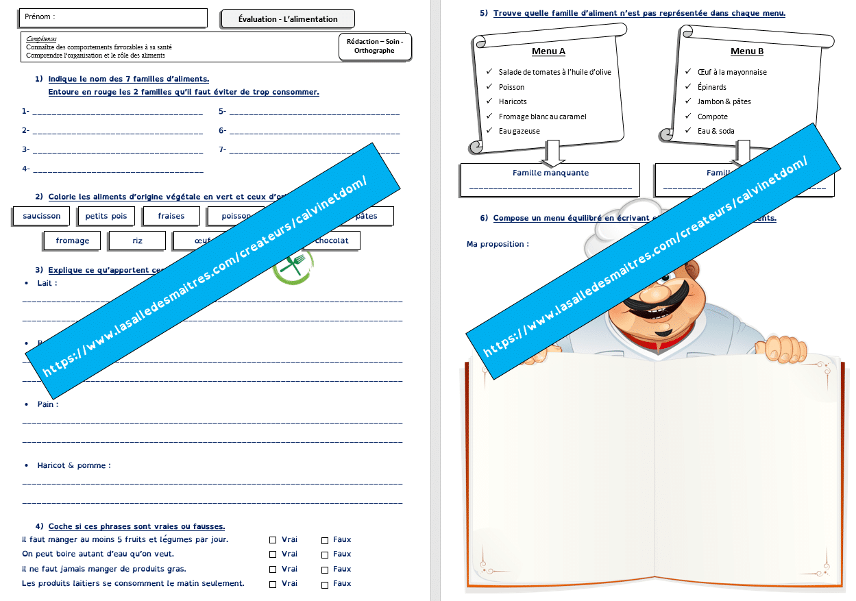 Évaluation - L'alimentation (cycle 2) et sa correction - Sciences CE1