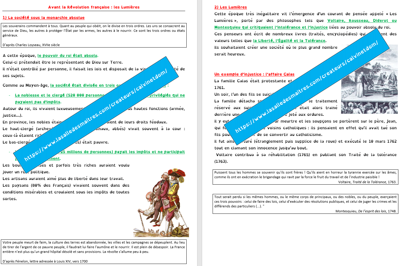Histoire - Les Lumières - Leçon + analyse de documents + évaluation