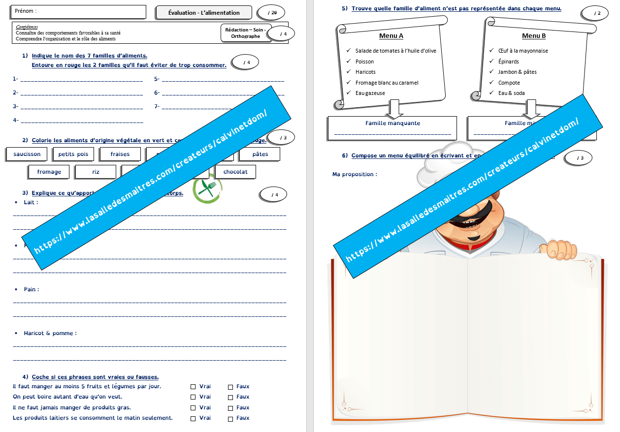Évaluation - L'alimentation (cycle 2) et sa correction - Sciences CE1