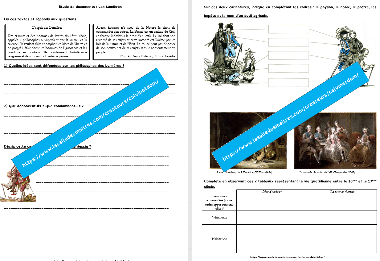 Histoire - Les Lumières - Leçon + analyse de documents + évaluation