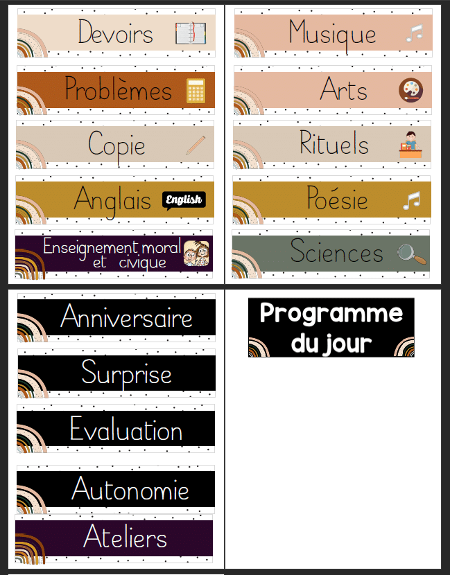Programme du jour - affichage avec étiquettes - CE1, CE2, CM1, CM2, CP ...