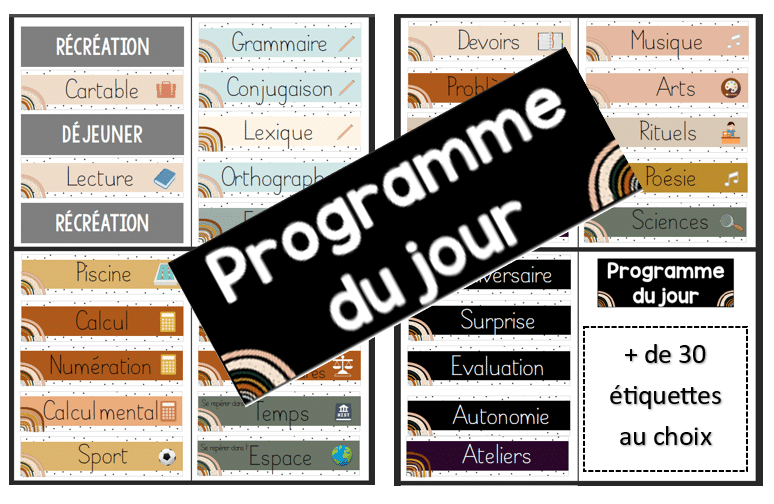 Programme du jour - affichage avec étiquettes - CE1, CE2, CM1, CM2, CP ...