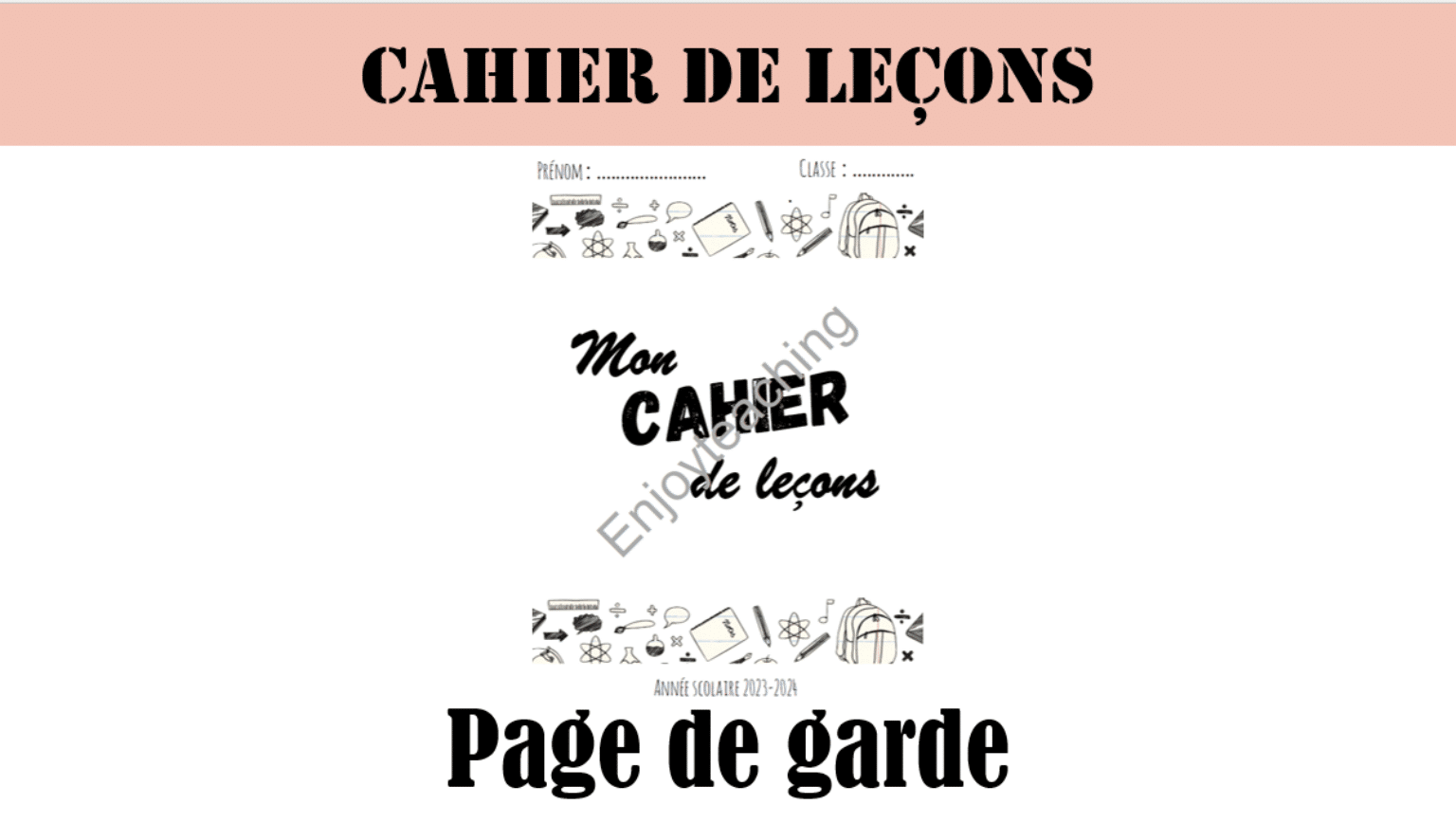 Page de garde cahier de leçons 2023-2024 - CE1, CE2, CM1, CM2, CP, Pour