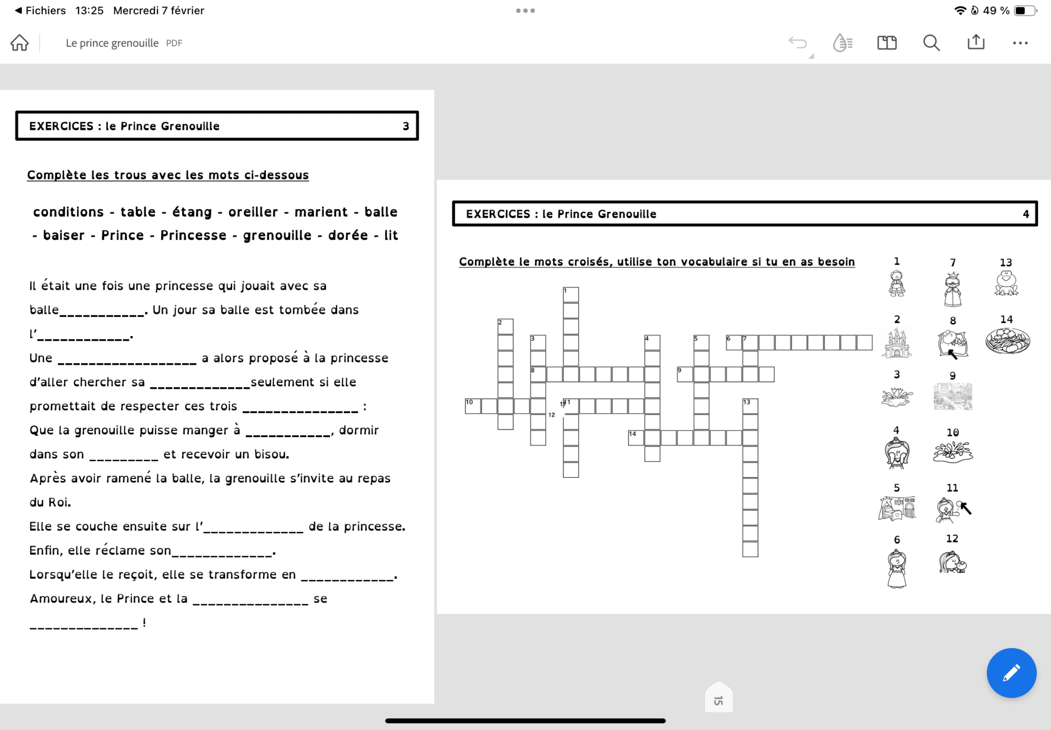 Histoire du Prince Grenouille, vocabulaire, compréhension - Lecture CE1