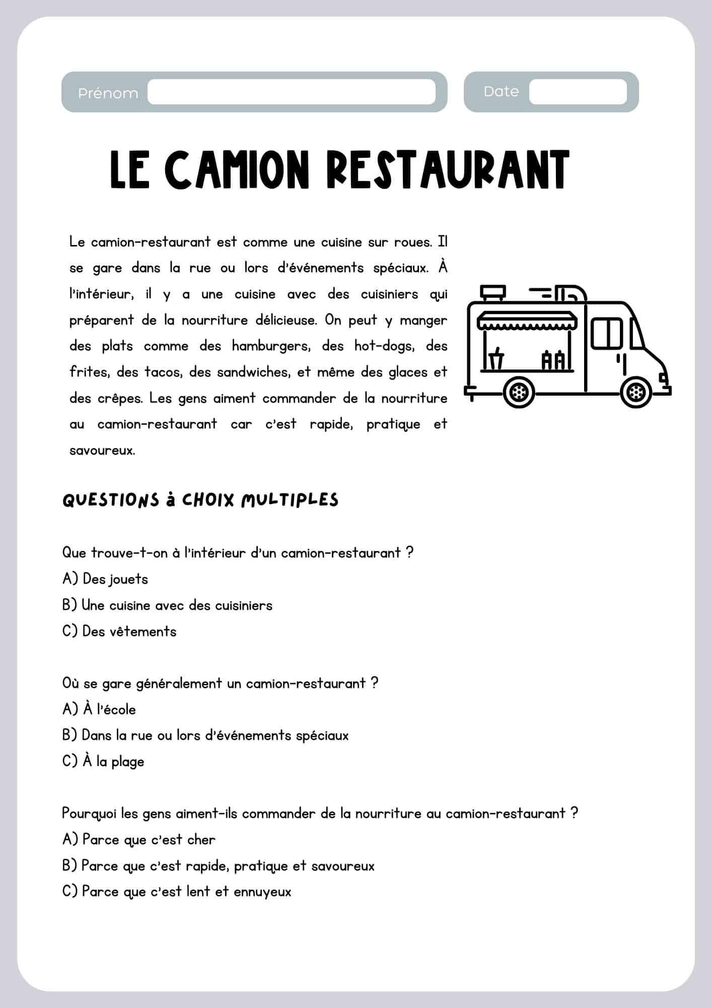 La Nourriture - Un Camion Restaurant - Production écrite Divers - La ...